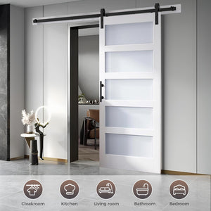 48 in x 84 in Glass Sliding MDF Barn Door with 8FT Sliding Door Hardware Kit, 5 Tempered Frosted Glass, Slab Inside Covered with Water-Proof PVC Surface, Simple DIY Assembly (Showroom Display for Sale)