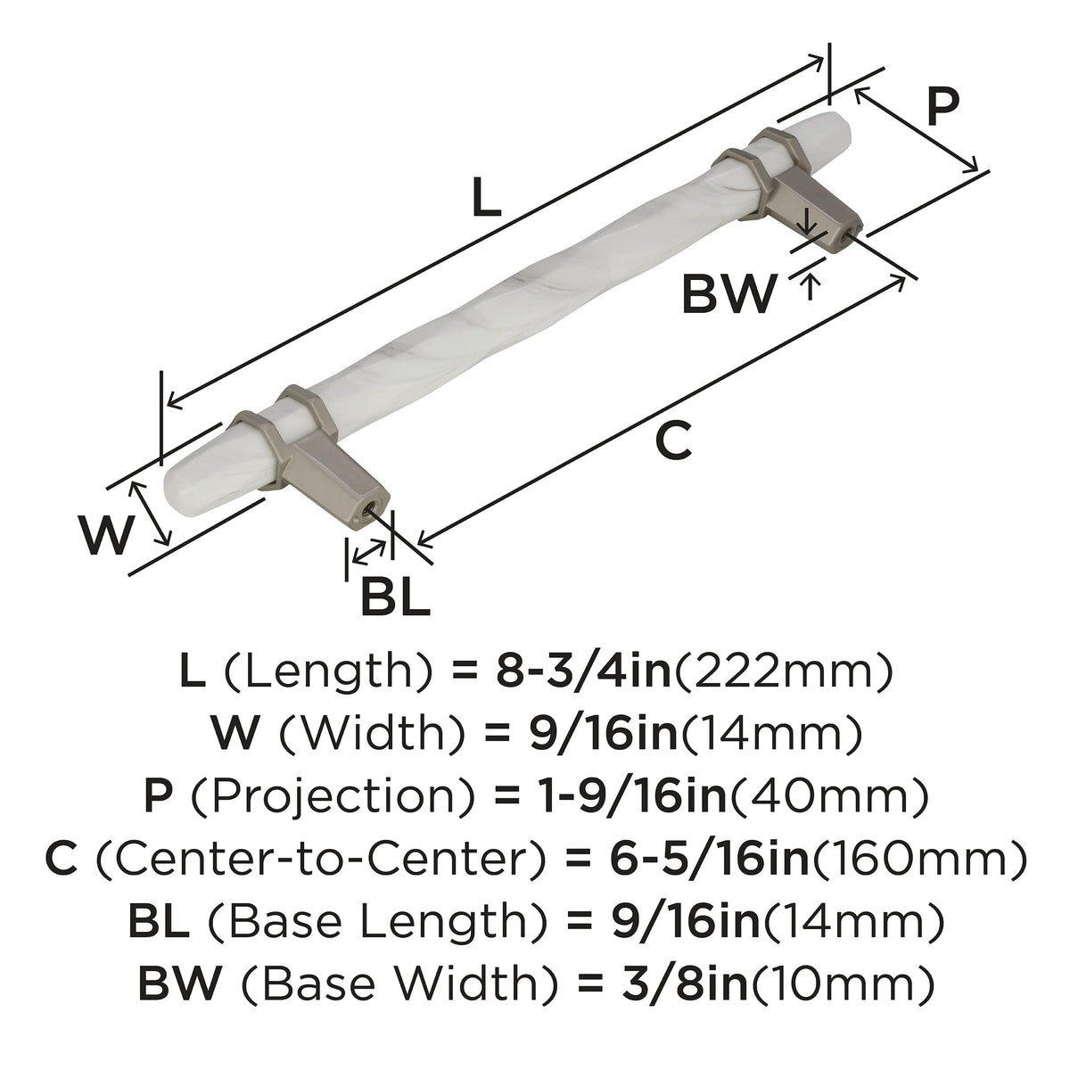 Amerock Cabinet Pull Marble White/Satin Nickel  6-5/16 inch (160 mm) Center to Center Carrione 1 Pack Drawer Pull Drawer Handle Cabinet Hardware