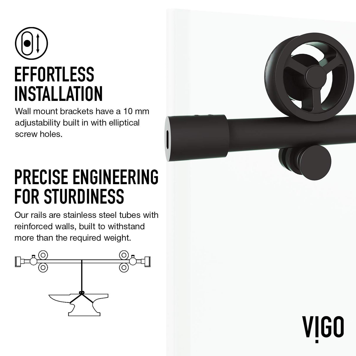 VIGO Adjustable 68-72" W x 76" H Elan Cass Aerodynamic Frameless Sliding Shower Door with Clear Tempered Glass, Reversible Door Handle and Stainless Steel Hardware in Matte Black-VG6044MBCL7276