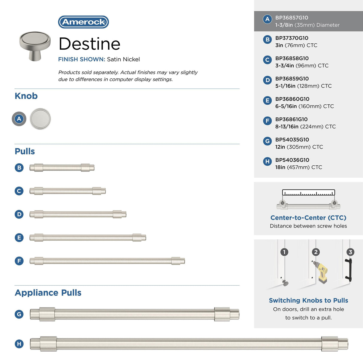 Amerock Cabinet Knob Satin Nickel 1-3/8 inch (35 mm) Diameter Destine 1 Pack Drawer Knob Cabinet Hardware