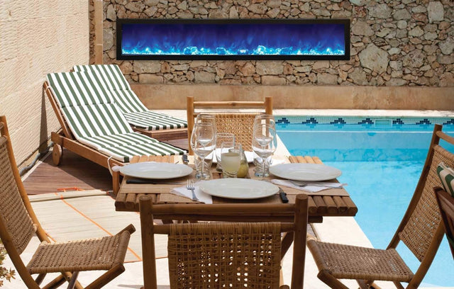 Amantii BI-88-DEEP-OD Panorama Deep Full View Smart Electric  - 88" Indoor /Outdoor WiFi Enabled Fireplace, featuring a MultiFunction Remote, Multi Speed Flame Motor, Glass Media & a Black Trim