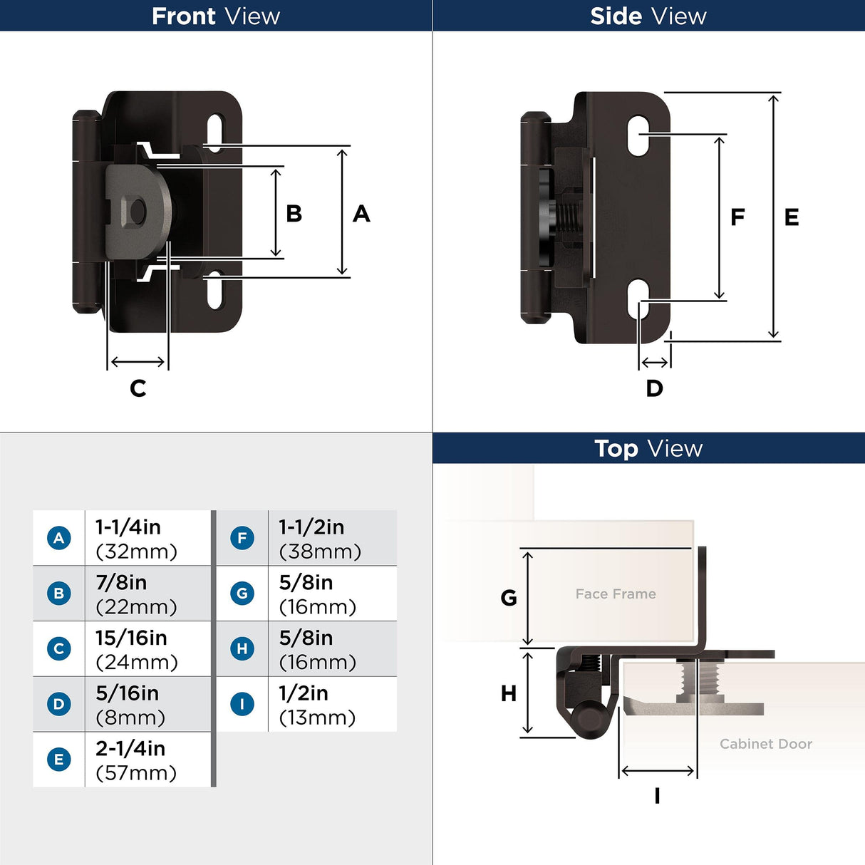 Amerock Single Demountable Cabinet Hinge 1/2 inch (13 mm) Overlay Hinge Oil Rubbed Bronze 2 Pack Self-Closing Hinge Cabinet Door Hinge