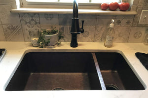 Premier Copper Products K75DB33199 33-Inch Hammered Copper Kitchen 75/25 Double Basin Sink, Oil Rubbed Bronze