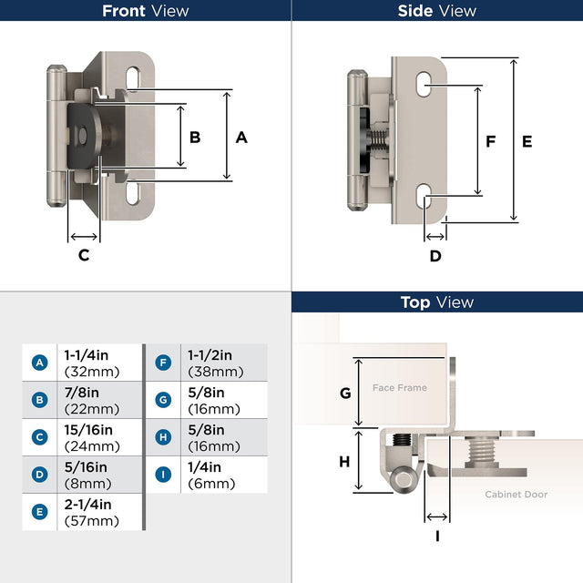 Amerock BPR8715G10 Cabinet Hinge 1/4 in (6 mm) Overlay Single Demountable Partial Wrap Satin Nickel Kitchen Cabinet Door Hinge 1 Pair/2 Pack Functional Hardware