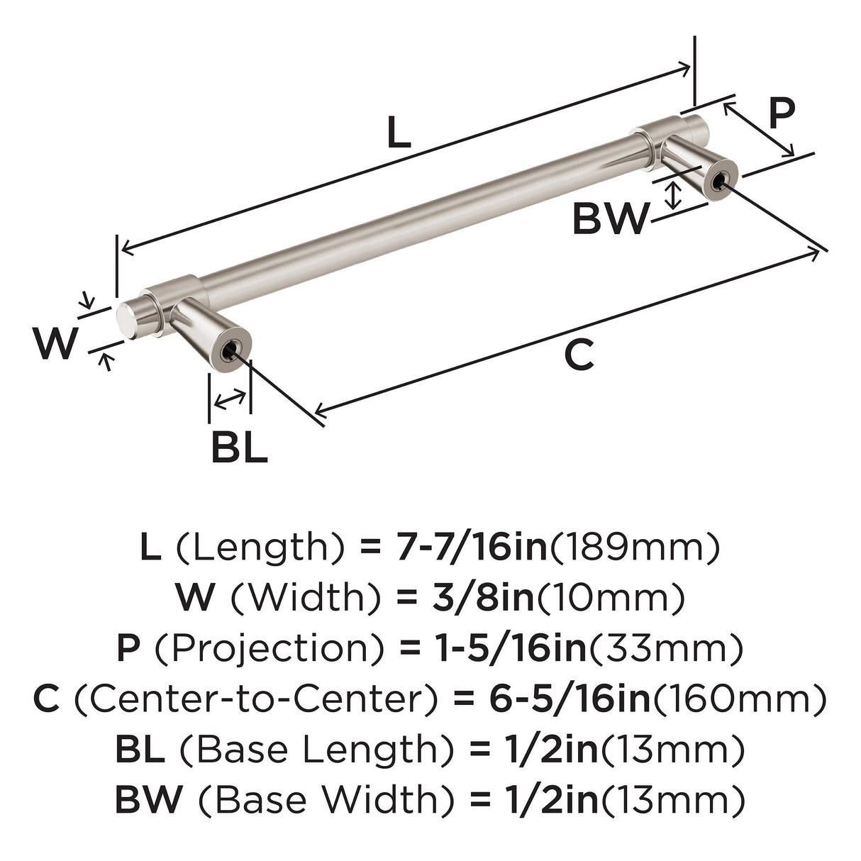 Amerock Cabinet Pull Satin Nickel 6-5/16 inch (160 mm) Center-to-Center Destine 1 Pack Drawer Pull Cabinet Handle Cabinet Hardware