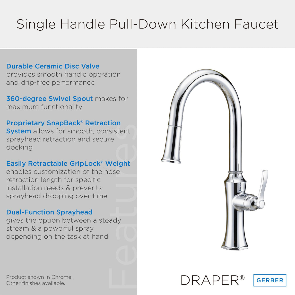 Gerber D454028 Chrome Draper Single Handle Pull-down Kitchen Faucet