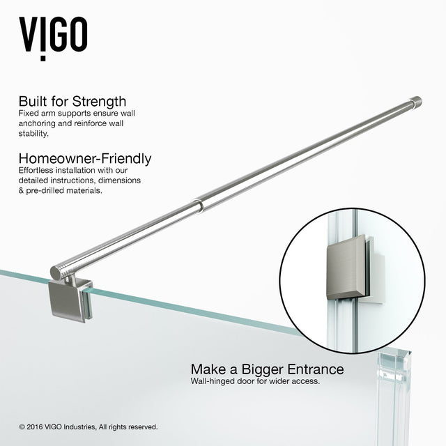 VIGO VG6012BNCL36 34.0" -46.0" W -73.38" H Frameless Hinged Rectangle Shower Enclosure with Clear 0.38" Tempered Glass and Stainless Steel Hardware in Brushed Nickel Finish with Reversible Handle