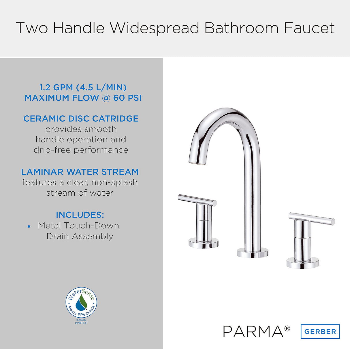 Gerber D303658 Chrome Parma Two Handle Widespread Lavatory Faucet