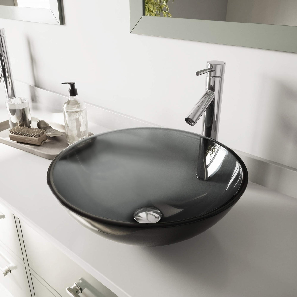 VIGO Sheer Black Glass Vessel Bathroom Sink Set With Dior Vessel Faucet In Chrome