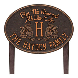 Whitehall 2824OB - Bless This Home Monogram Oval Plaque, Standard Lawn 1-line
