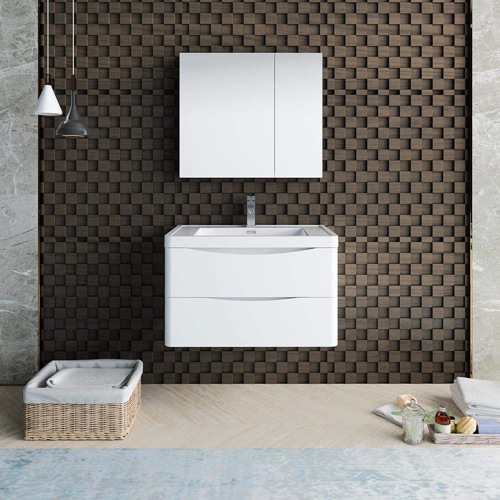 Fresca FVN9032WH Fresca Tuscany 32" Glossy White Wall Hung Modern Bathroom Vanity w/ Medicine Cabinet