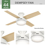Hunter Fan Dempsey Low Profile Ceiling Fans with Lights and Remote, Flush Mount Ceiling Fan with Lights, Metal, Brushed Nickel Finish, 44 Inch LED