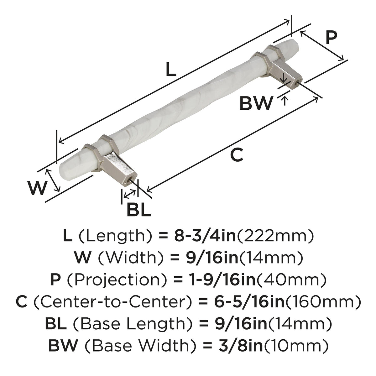Amerock Cabinet Pull Marble White/Polished Nickel  6-5/16 inch (160 mm) Center to Center Carrione 1 Pack Drawer Pull Drawer Handle Cabinet Hardware