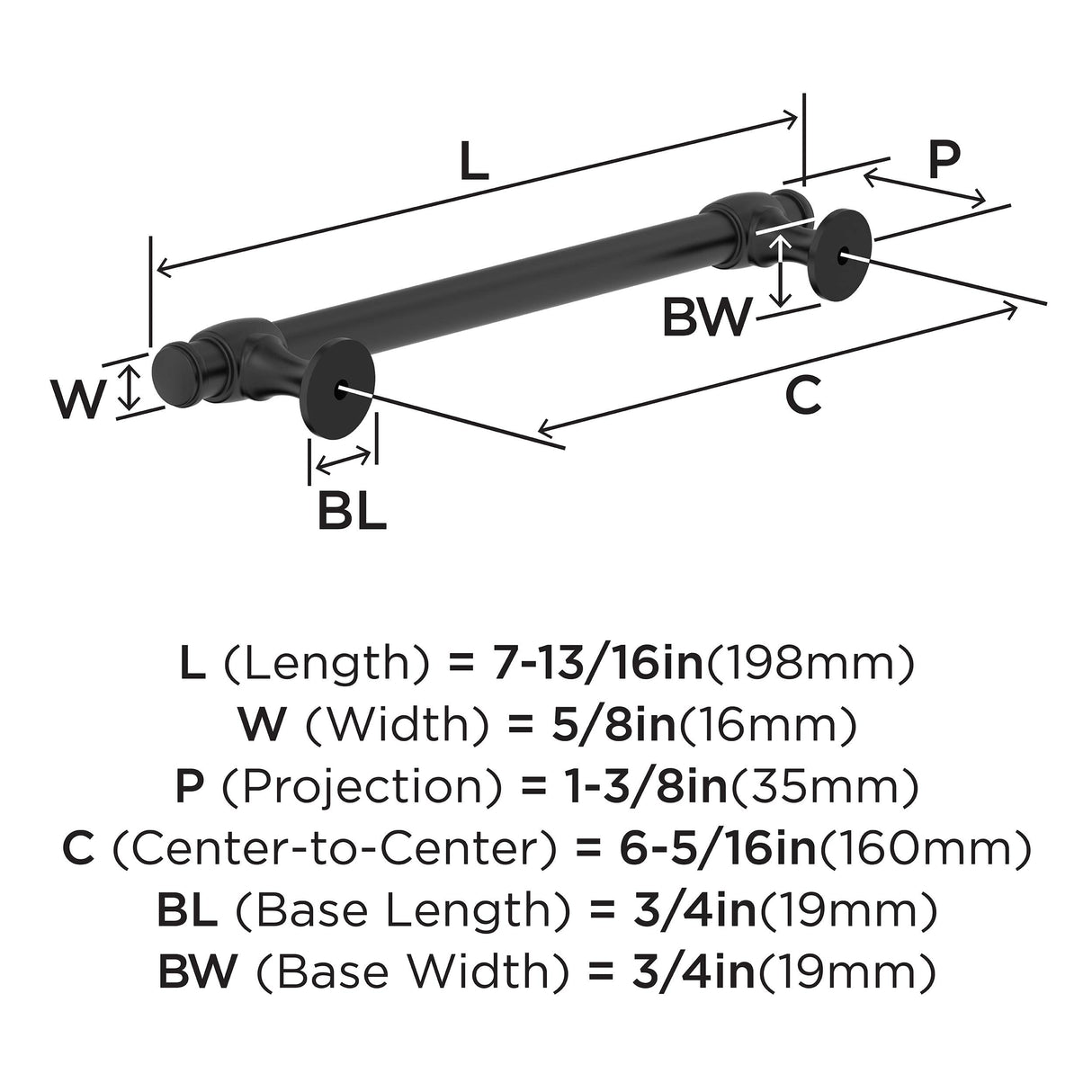 Amerock BP36771FB Matte Black Cabinet Pull 6-5/16 in (160 mm) Center-to-Center Cabinet Handle Winsome Drawer Pull Kitchen Cabinet Handle Furniture Hardware
