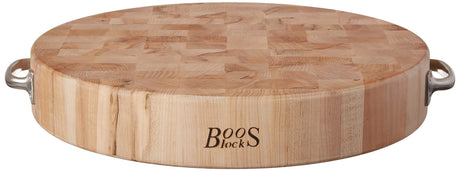 John Boos CCB183-R-H Block Maple Wood End Grain Round Cutting Board with Stainless Steel Handles, 18 Inches x 3 Tall 18DIAX3 MPL-END GR-NON REV-HANDLES