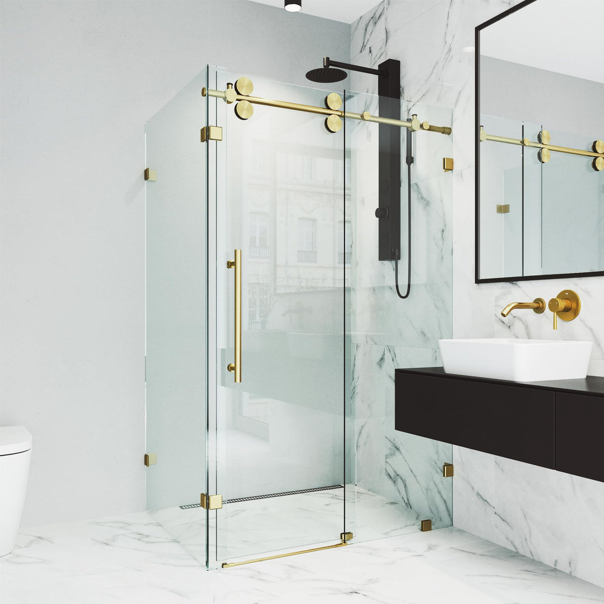 VIGO 46"W x 74"H Winslow Frameless Sliding Rectangle Shower Enclosure with Clear Tempered Glass, Reversible Door Handle and Stainless Steel Hardware in Matte Brushed Gold-VG6051MGCL48