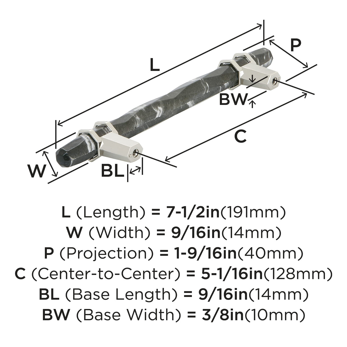 Amerock BP36649MBKPN Carrione Cabinet Pull, 5-1/16 in (128 mm) Center-to-Center, Marble Black/Polished Nickel