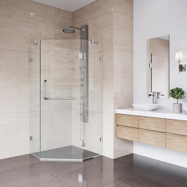 VIGO VG6062BNCL40 38.13" -38.13" W -73.38" H Frameless Hinged Neo-angle Shower Enclosure with Clear 0.38" Tempered Glass and Stainless Steel Hardware in Brushed Nickel Finish with Reversible Handle