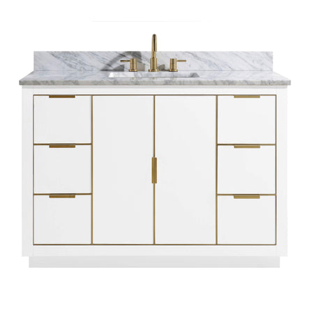 Avanity Austen 49 in. Vanity Combo in White with Gold Trim and Carrara White Marble Top 