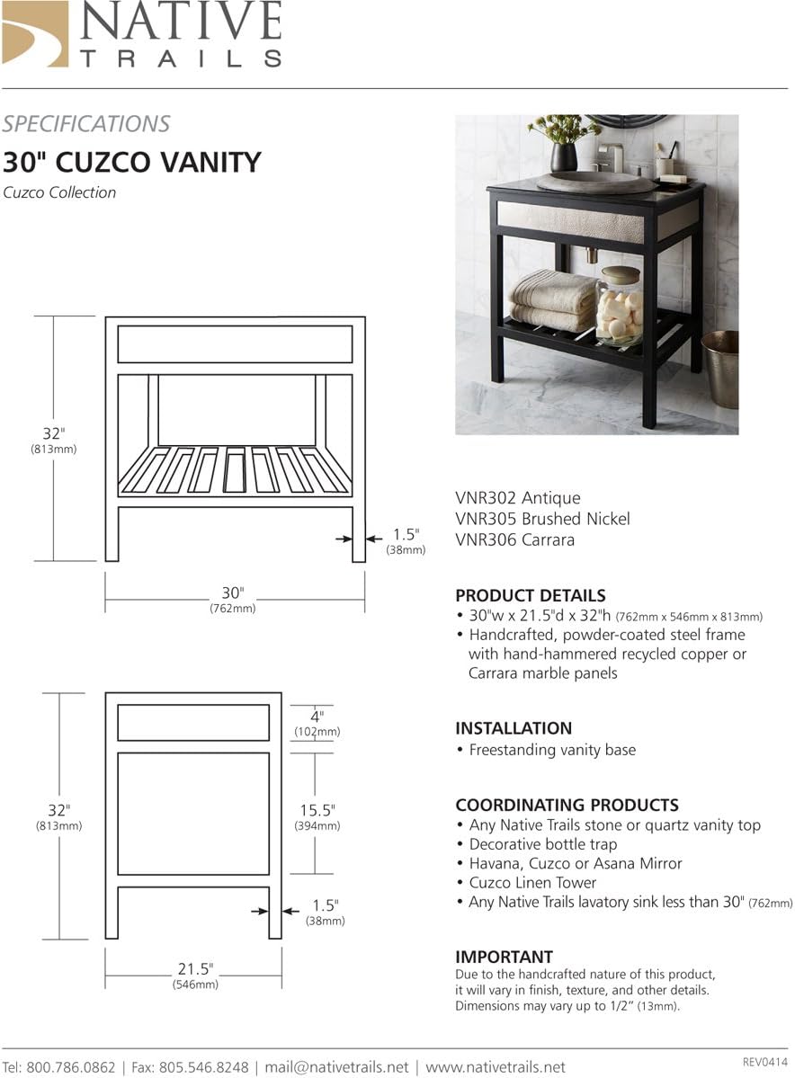 VNR306 Cuzco Bath Room Vanity Base, 30", Carrara