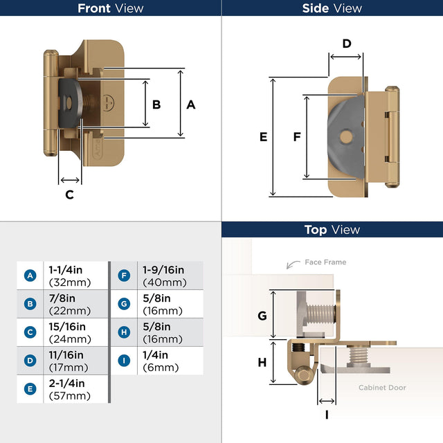 Amerock BPR8701CZ Cabinet Hinge 1/4 in (6 mm) Overlay Double Demountable Champagne Bronze Kitchen Cabinet Door Hinge 1 Pair/2 Pack Functional Hardware
