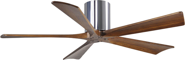 Matthews Fan IR5H-CR-WA-52 Irene-5H five-blade flush mount paddle fan in Polished Chrome finish with 52” solid walnut tone blades. 