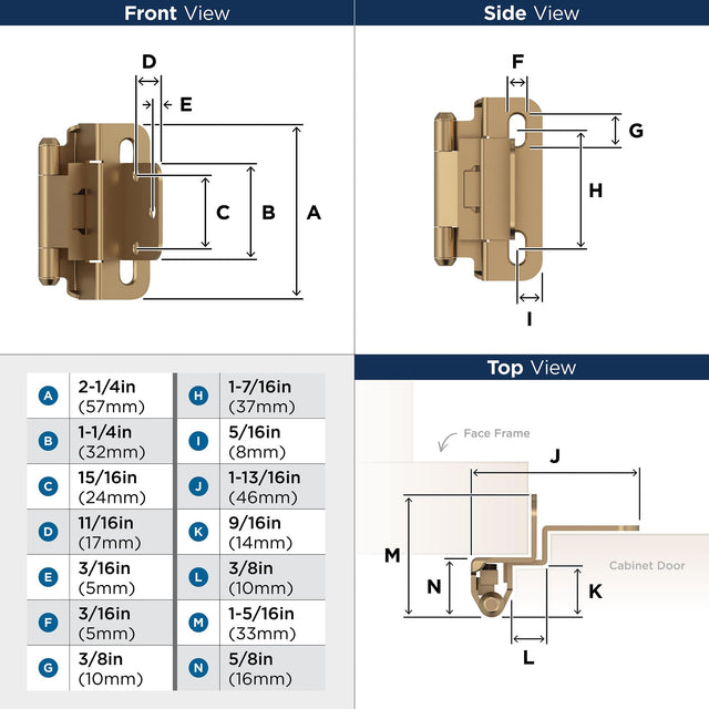 Amerock BPR7565CZ Cabinet Hinge 3/8 in (10 mm) Inset Self Closing Partial Wrap Champagne Bronze Kitchen Cabinet Door Hinge 1 Pair Functional Hardware