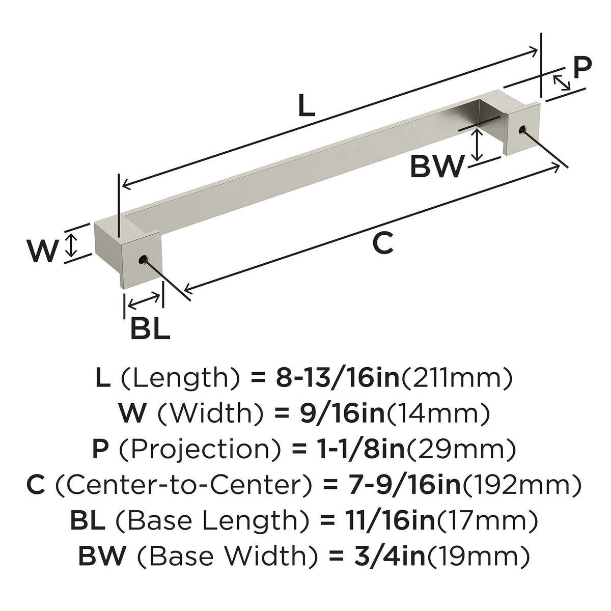 Amerock Cabinet Pull Satin Nickel 7-9/16 inch (192 mm) Center-to-Center Appoint 1 Pack Drawer Pull Cabinet Handle Cabinet Hardware