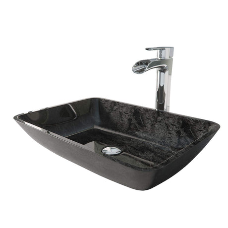 VIGO VGT1852 18.13" L -13.0" W -10.5" H Glass Rectangular Vessel Bathroom Sink in Onyx Gray with Niko Faucet and Pop-Up Drain in Chrome