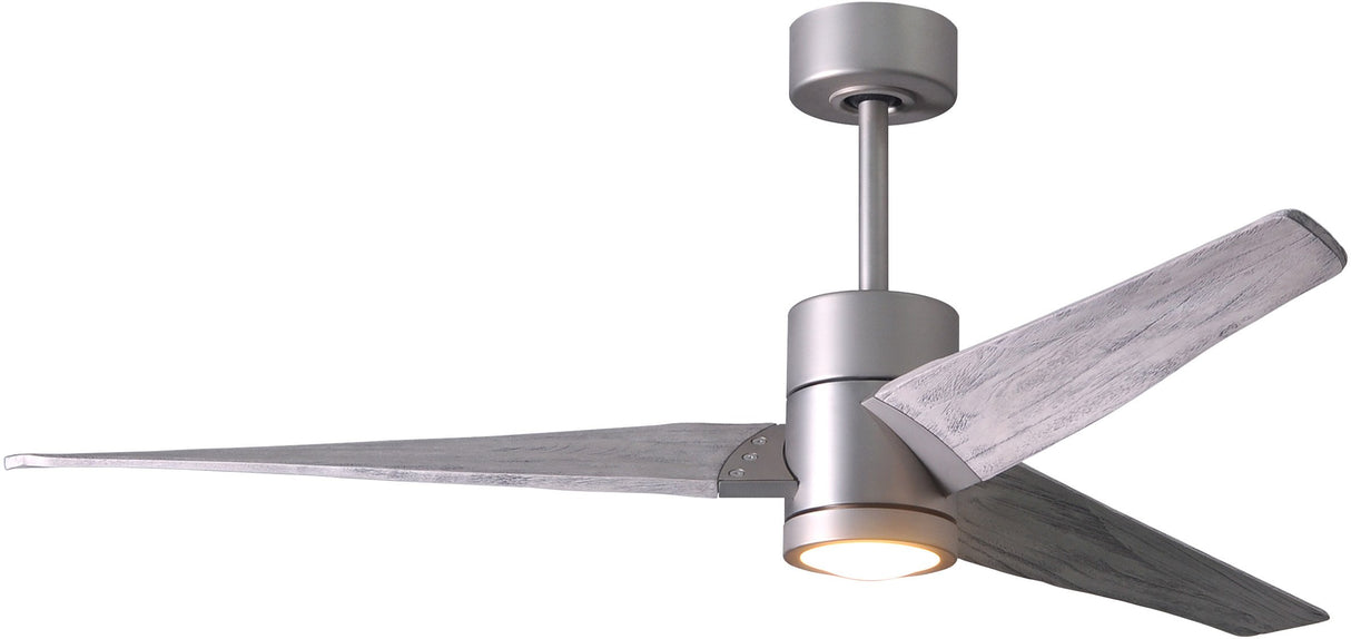 Matthews Fan SJ-BN-BW-60 Super Janet three-blade ceiling fan in Brushed Nickel finish with 60” solid barn wood tone blades and dimmable LED light kit 