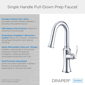 Gerber D150528 Chrome Draper Single Handle Pull-down Prep Faucet
