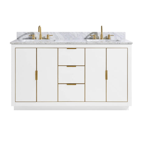 Avanity Austen 61 in. Vanity Combo in White with Gold Trim and Carrara White Marble Top 