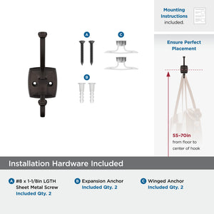 Amerock H37002ORB Kinsale Double Prong Decorative Wall Hook Oil Rubbed Bronze Hook for Coats, Hats, Backpacks, Bags Hooks for Bathroom, Bedroom, Closet, Entryway, Laundry Room, Office