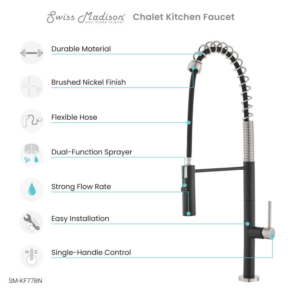 Chalet Single Handle, Pull-Down Kitchen Faucet in Brushed Nickel and Black