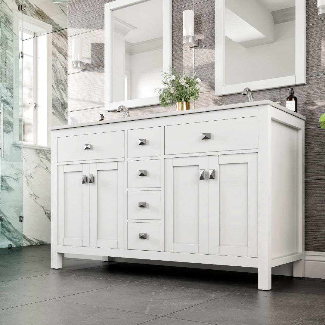 Memphis 60 in. White Double Sink  Bath Vanity with Carrara Quartz Top and Undermount Porcelain Sinks