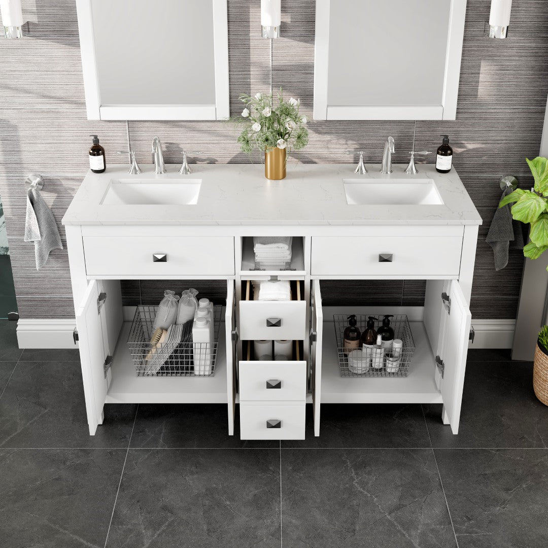 Memphis 60 in. White Double Sink  Bath Vanity with Carrara Quartz Top and Undermount Porcelain Sinks
