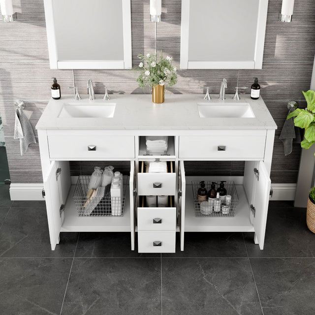 Memphis 60 in. White Double Sink  Bath Vanity with Carrara Quartz Top and Undermount Porcelain Sinks