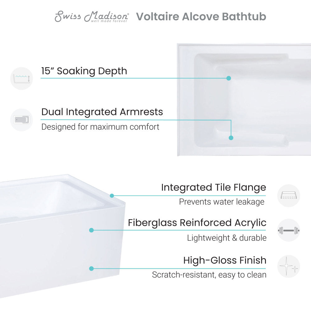 Voltaire 60" X 32" Left-Hand Drain Alcove Bathtub with Apron and Armrest