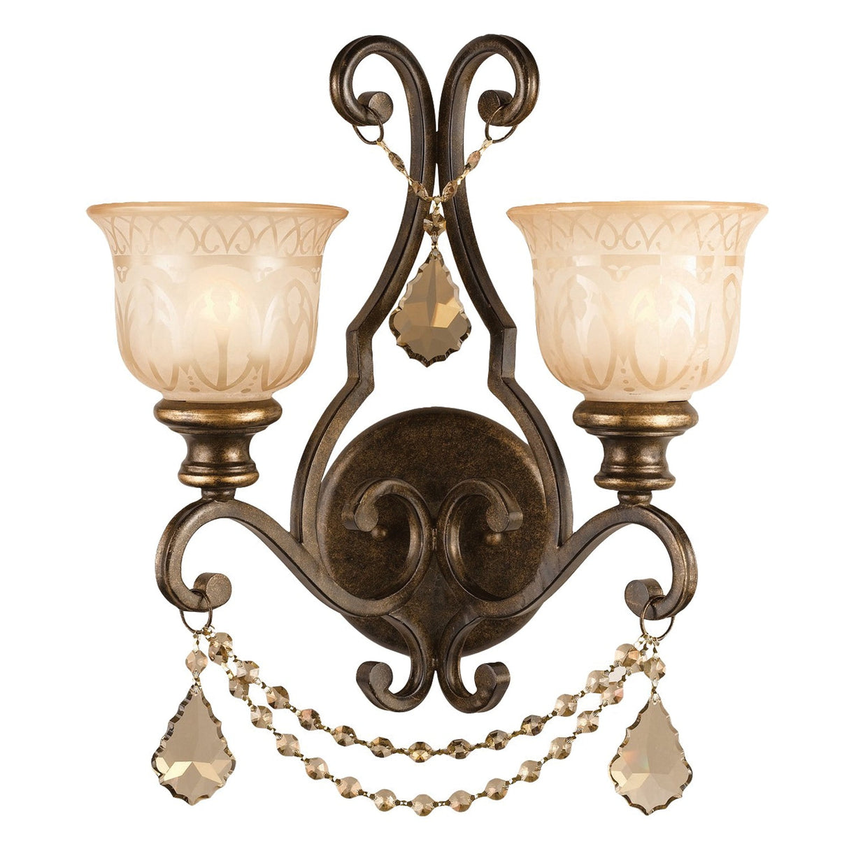 Norwalk 2 Light Golden Teak Hand Cut Crystal Bronze Umber Sconce 7502-BU-GT-MWP