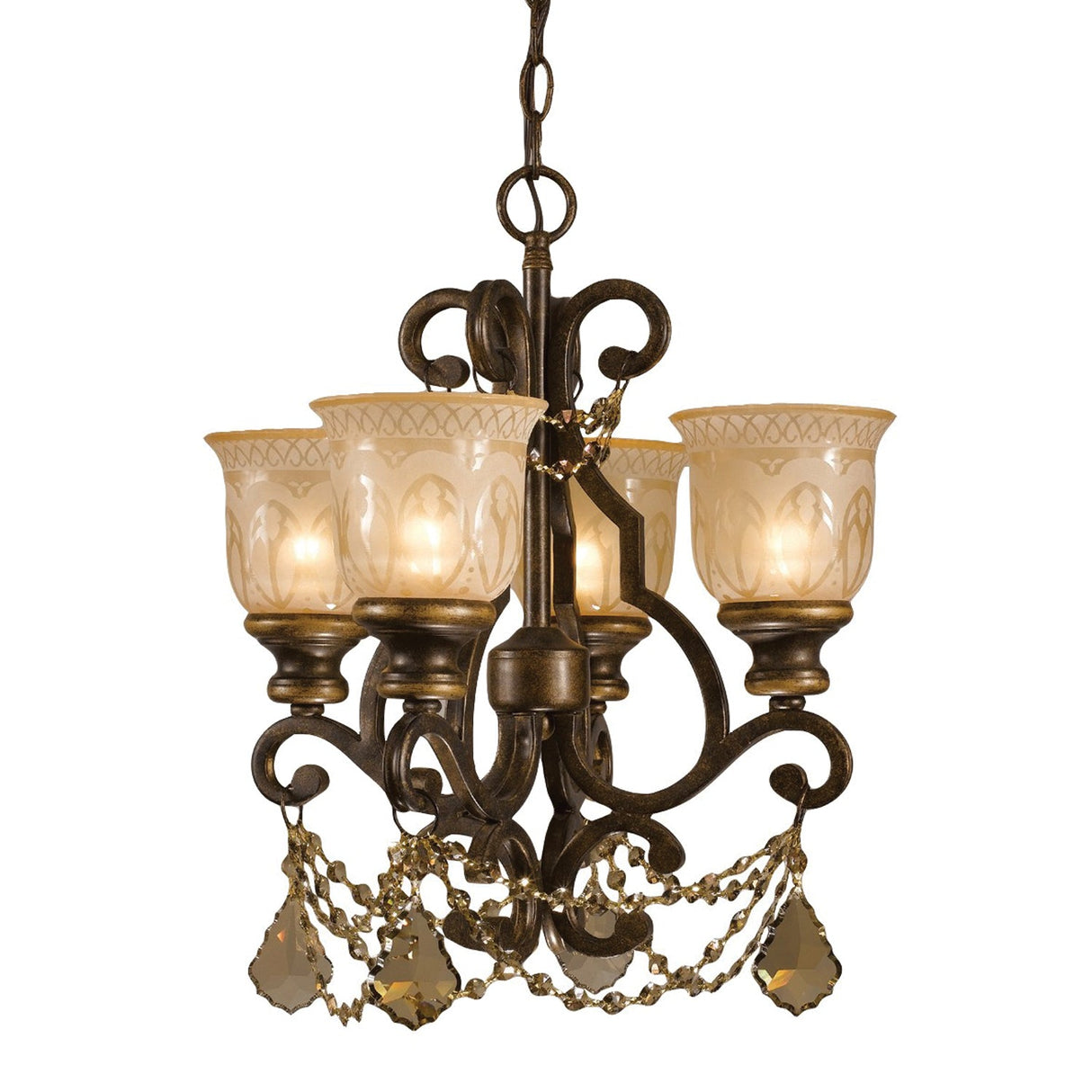 Norwalk 4 Light Golden Teak Hand Cut Crystal Bronze Umber Mini Chandelier 7504-BU-GT-MWP