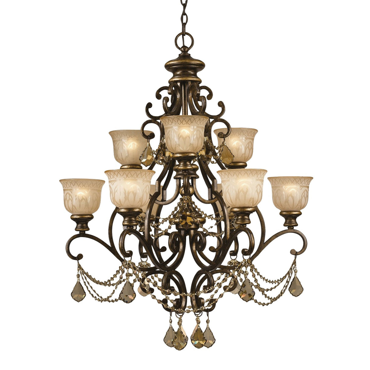 Norwalk 9 Light Golden Teak Hand Cut Crystal Bronze Umber Chandelier 7509-BU-GT-MWP