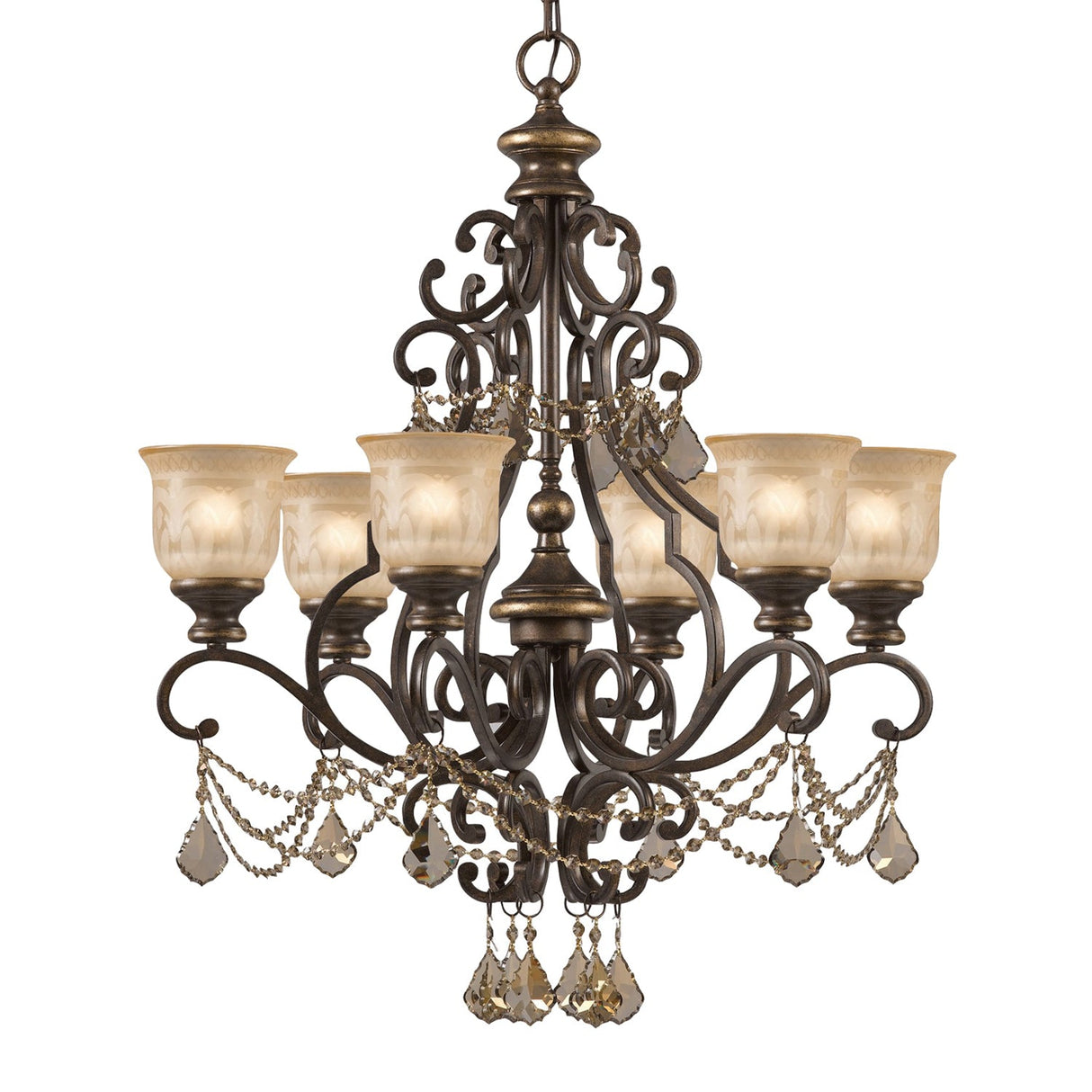 Norwalk 6 Light Golden Teak Hand Cut Crystal Bronze Umber Chandelier 7516-BU-GT-MWP