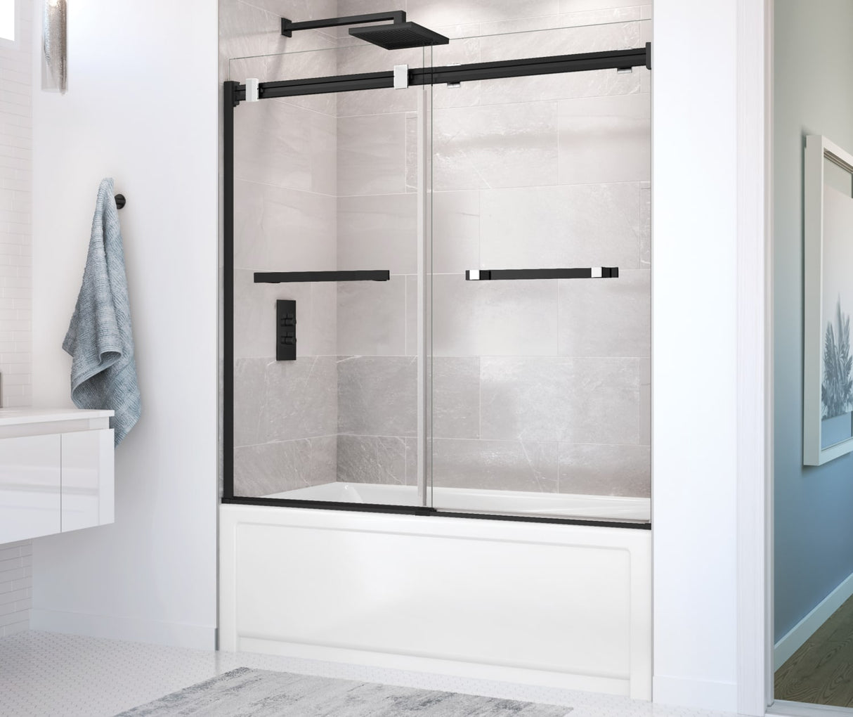 MAAX 136270-900-360-000 Duel 56-59 x 55 ½ x 59 in. 8 mm Bypass Tub Door for Alcove Installation with Clear glass in Matte Black & Chrome