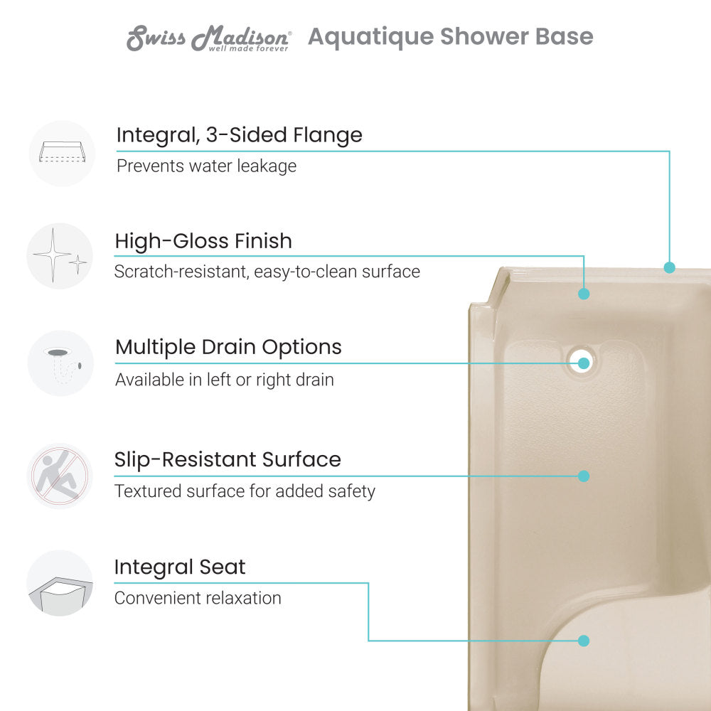 Aquatique 60 X 32 Single Threshold Shower Base With Left Hand Drain and Integral Right Hand Seat in Biscuit