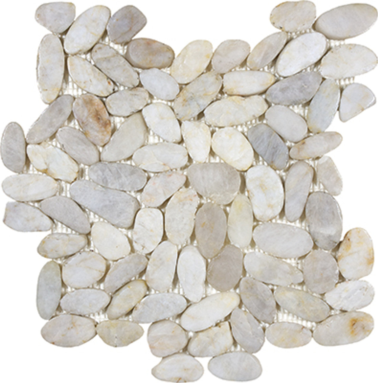 Anatolia Tile Zen Fiji Cream Flat Polished Pebble Mosaics. 1 Sheet = 1 Sq. Ft. 5001-0234-0 (76-355) Fiji Cream Flat Pebble - premium natural stone mosaic tile from Anatolia Tile, available at PoshHaus showroom in Keene, NH