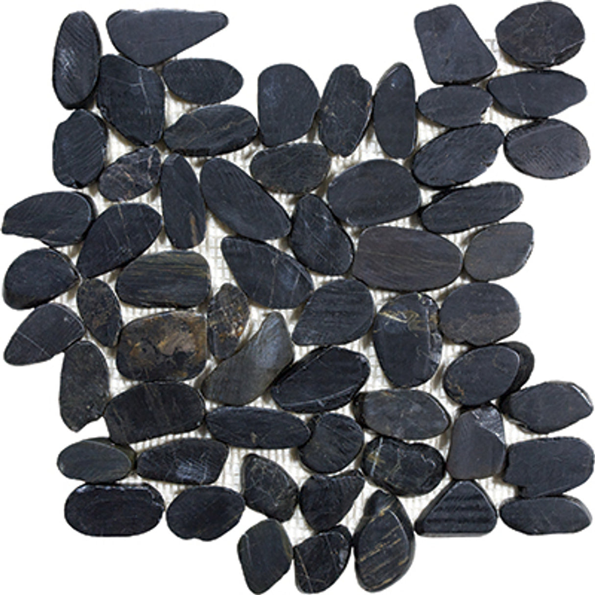 Anatolia Tile Zen Tahitian Black Sand Flat Polished Pebble Mosaics. 1 Sheet = 1 Sq. Ft. 5001-0235-0 (76-356) Tahitian Black Sand Flat Pebble - premium natural stone mosaic tile from Anatolia Tile, available at PoshHaus showroom in Keene, NH