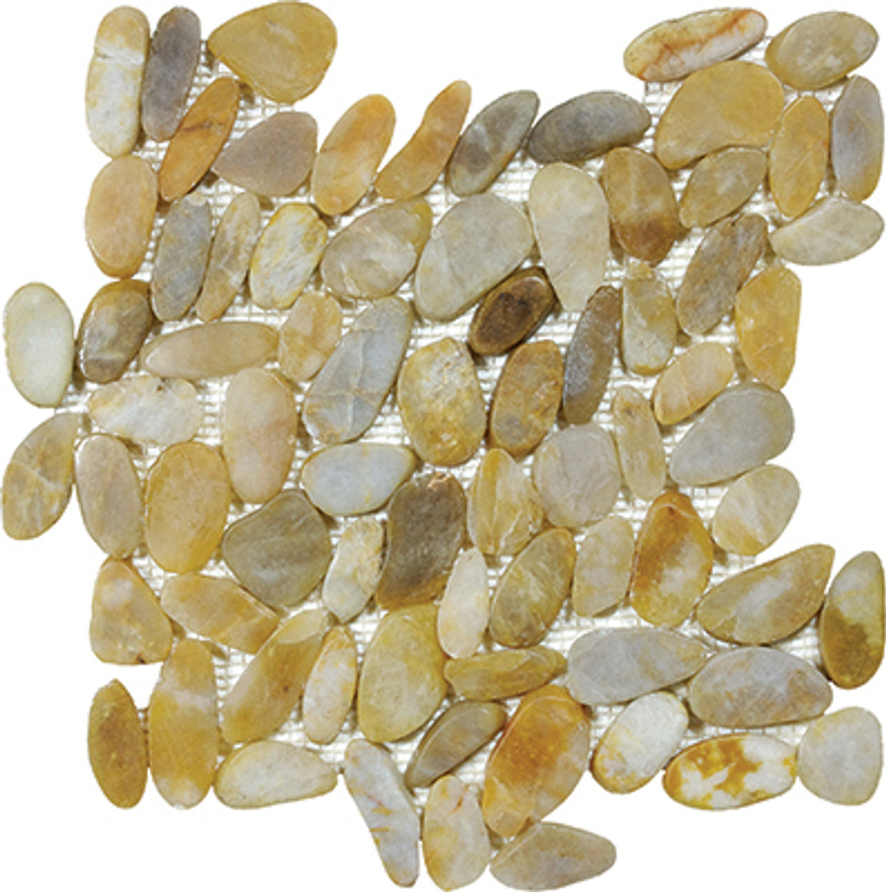 Anatolia Tile Zen Tonga Sunset ( Aka Golden ) Flat Polished Pebble Mosaics. 1 Sheet = 1 Sq. Ft. 5001-0238-0 (76-357)  - premium natural stone mosaic tile from Anatolia Tile, available at PoshHaus showroom in Keene, NH