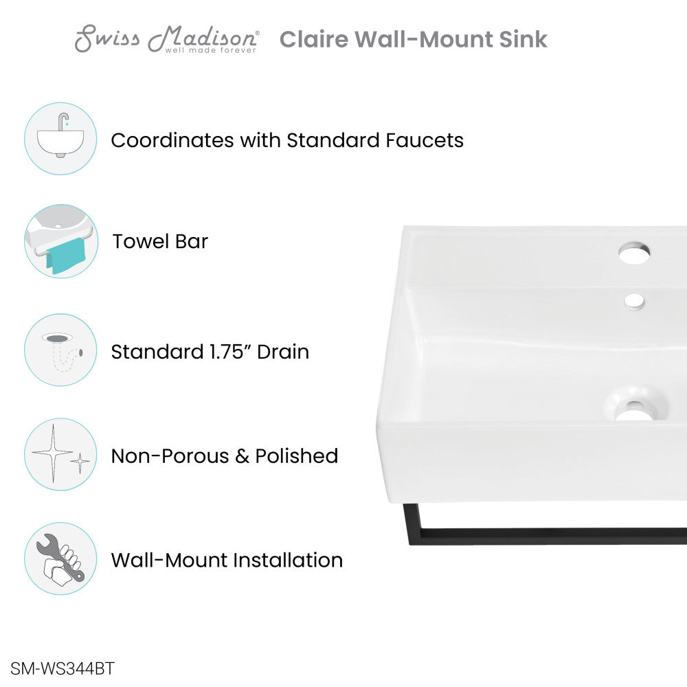 Claire 22" Wall-Mount Bathroom Sink with Black Towel Bar