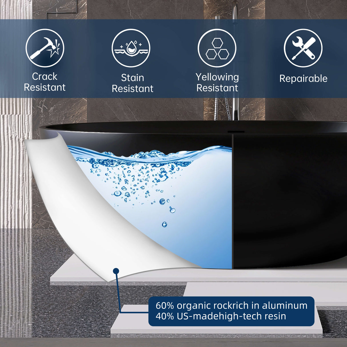 New England Home Goods Malibu 67" Freestanding Tub in White - Stone Resin Solid Surface