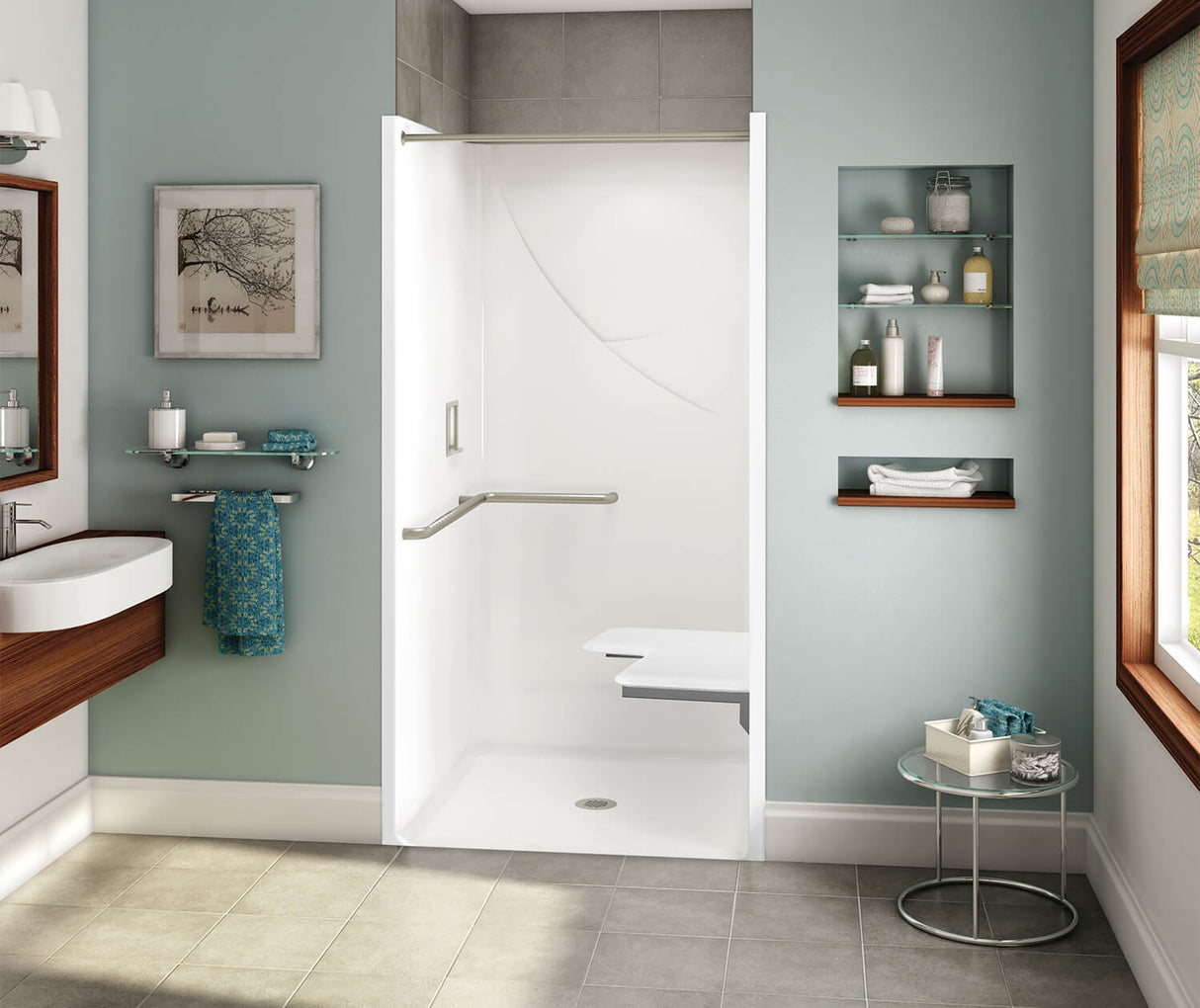 Aker OPS-3636 RRF AcrylX Alcove Center Drain One-Piece Shower in Sterling Silver - ADA Grab Bar and Seat